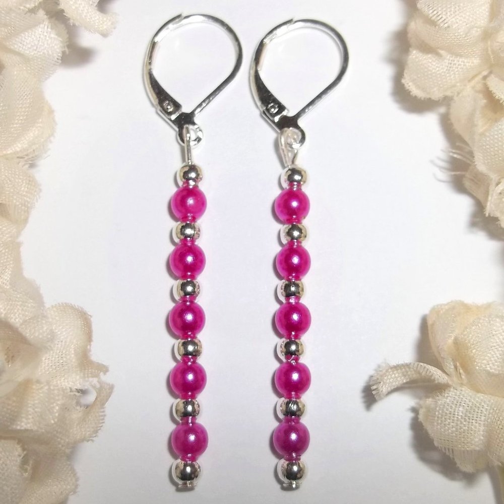 Fushia Earrings, Fuschia Earring, Earring, Pearl Earring, Pink and Silver, D9125